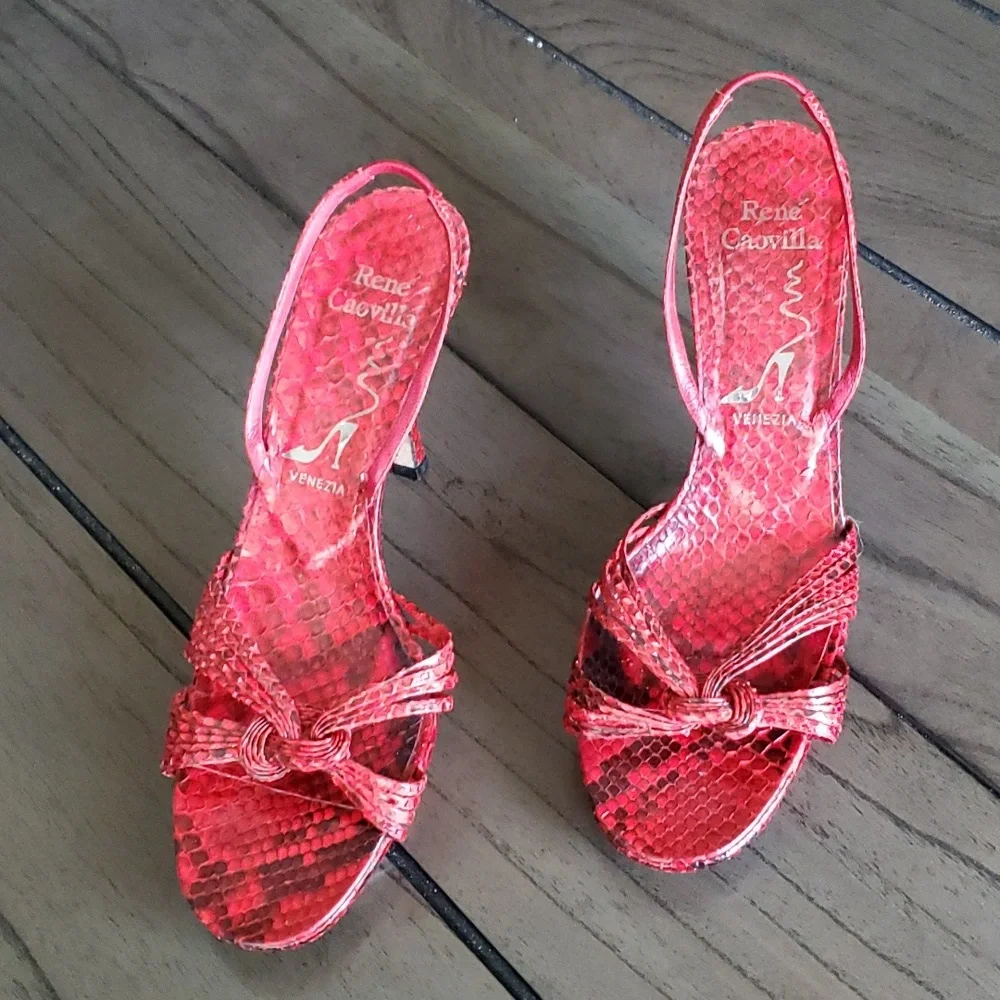 René Caovilla Snakeskin Slingback Heel Sandals, Red, 39EU (9US) - Picture 2 of 15